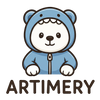 Adorable bear mascot in a blue hoodie representing the ARTIMERY brand.